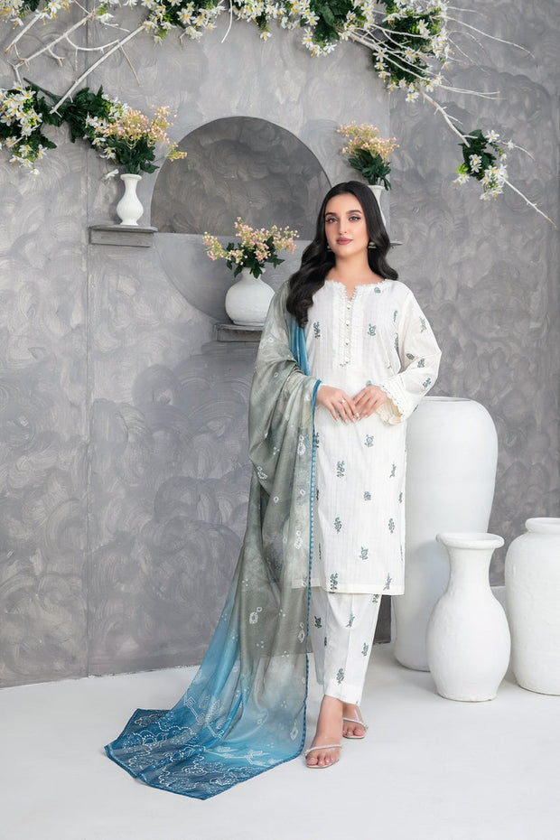 Tawakkalfabrics White Embroidered Cotton Suit with Ombre Dupatta aubranz.com