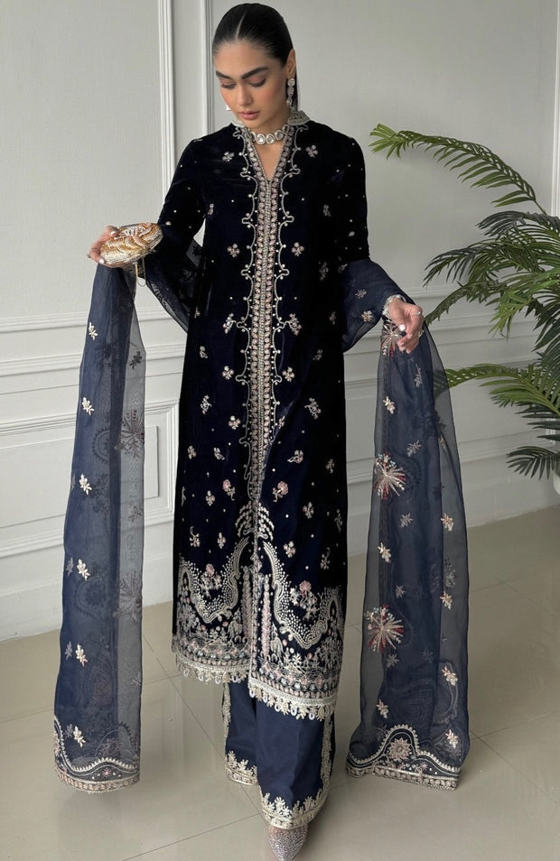 Qalamkar - Qalamkar Embroidered Velvet Suits Unstitched 3 Piece - Winter Collection - aubranz.com