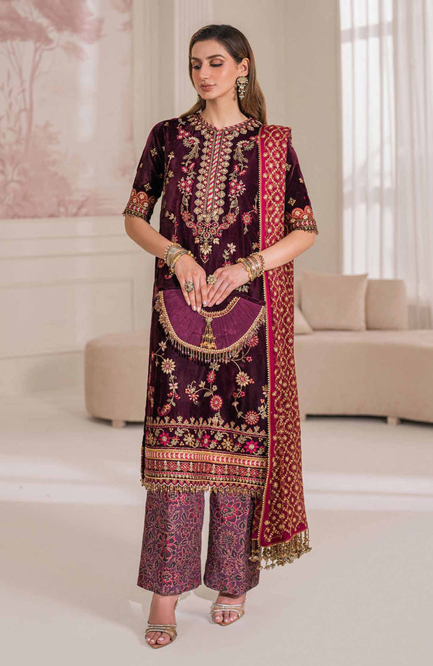 Baroque - EMBROIDERED VELVET COLLECTION'24 BY BAROQUE UNSTITCHED 3 PIECE SUIT WINTER COLLECTION - aubranz.com