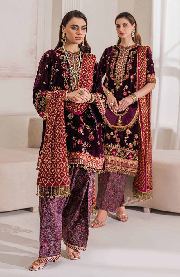 Baroque - EMBROIDERED VELVET COLLECTION'24 BY BAROQUE UNSTITCHED 3 PIECE SUIT WINTER COLLECTION - aubranz.com