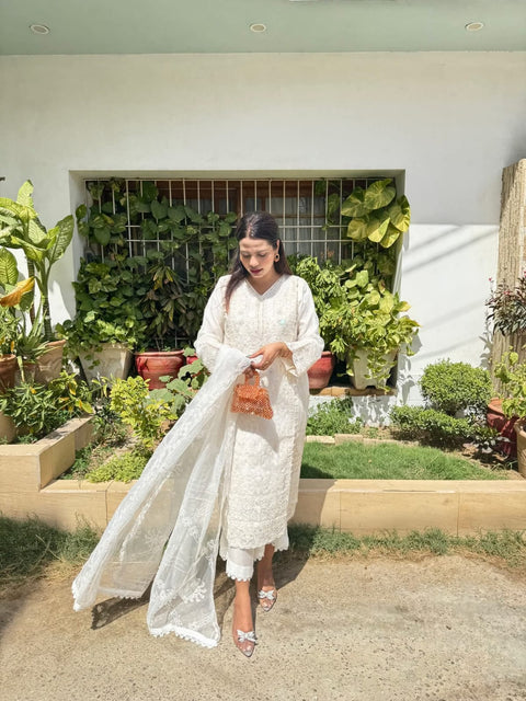 Guzel Pure Cotton Chikankari Suit with Scalloped Dupatta aubranz.com