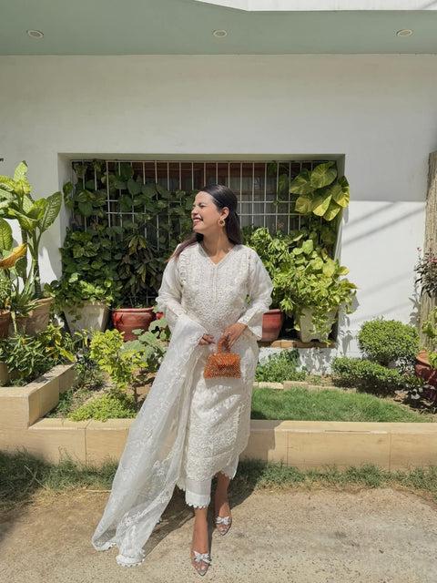 Guzel Pure Cotton Chikankari Suit with Scalloped Dupatta aubranz.com