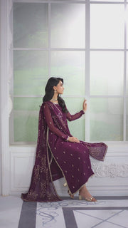 Zarif Luxury Maroon Chiffon Suit with Heavily Embellished Dupatta aubranz.com