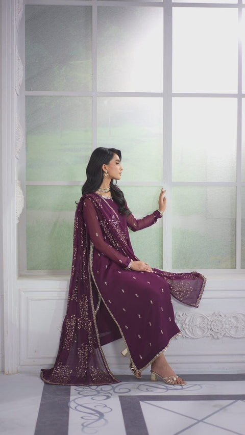 Zarif Luxury Maroon Chiffon Suit with Heavily Embellished Dupatta aubranz.com