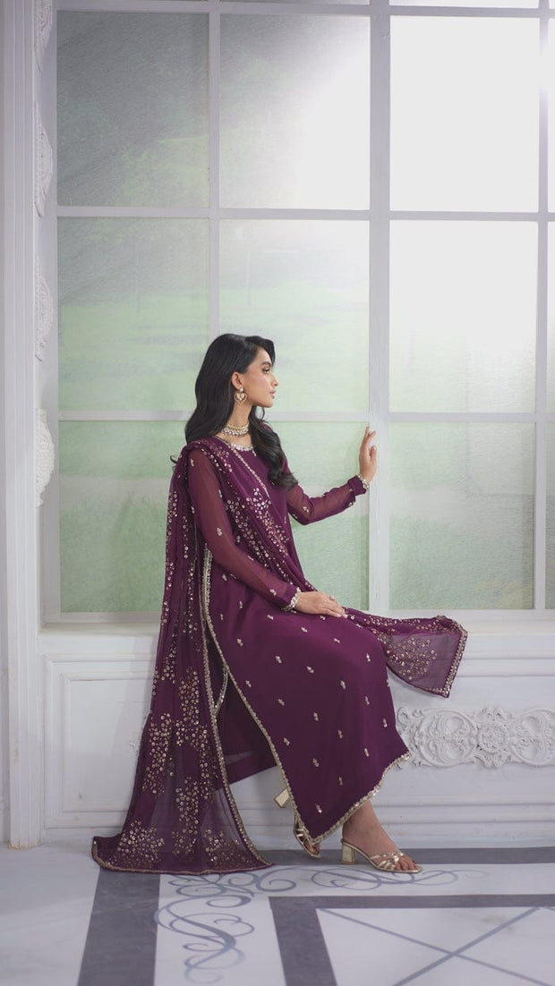 Zarif Luxury Maroon Chiffon Suit with Heavily Embellished Dupatta aubranz.com